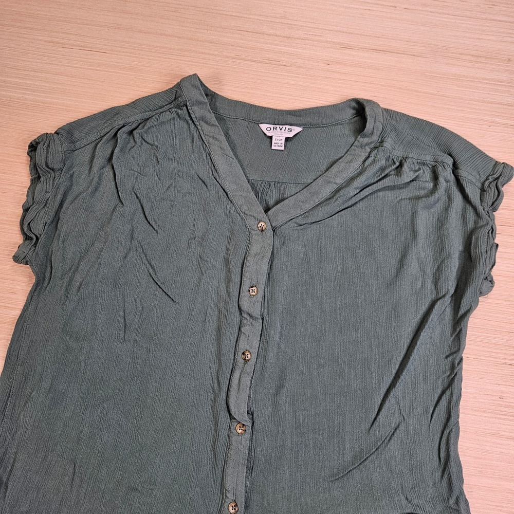 Orvis Button Down Women S Green Rayon V-Neck Short Sleeve Blouse 1886